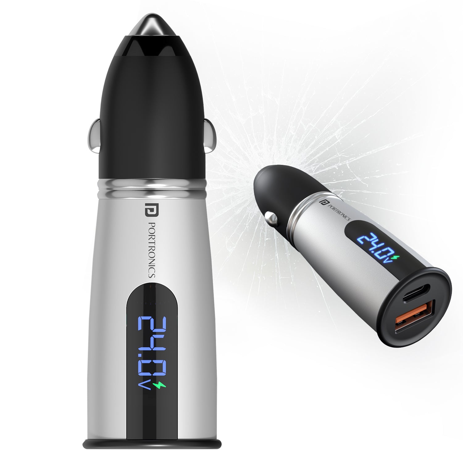 Portronics Car Power Armour 55.5W Fast Car Charger | Dual USB & Type C Adapter | Qualcomm QC | iPhone & Android Fast Charging | LED Display Voltage Monitor | Car Dashboard Accessories