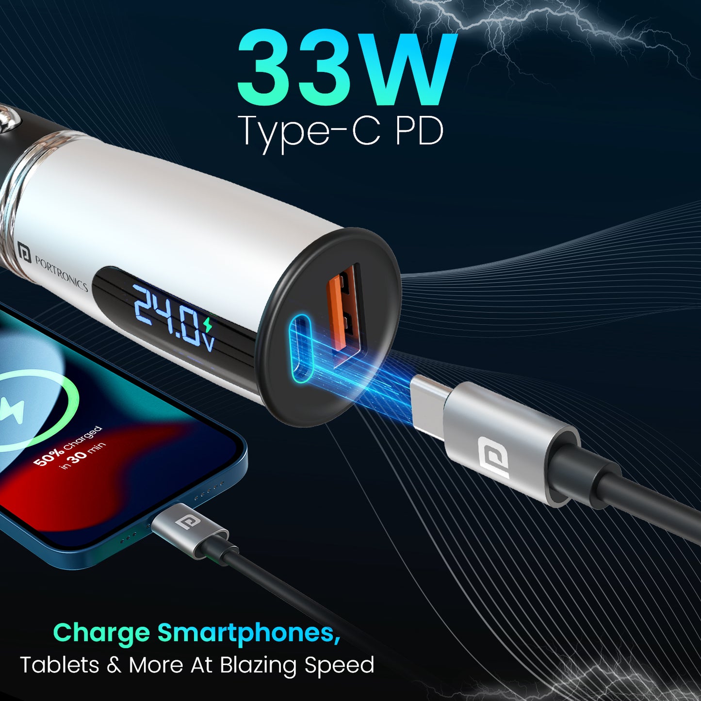 Portronics Car Power Armour 55.5W Fast Car Charger | Dual Port 33W Type-C PD and 22.5W USB-A Charger | QC Fast Charging | Real-time Battery LED Display | Sleek Metal Car Accessory