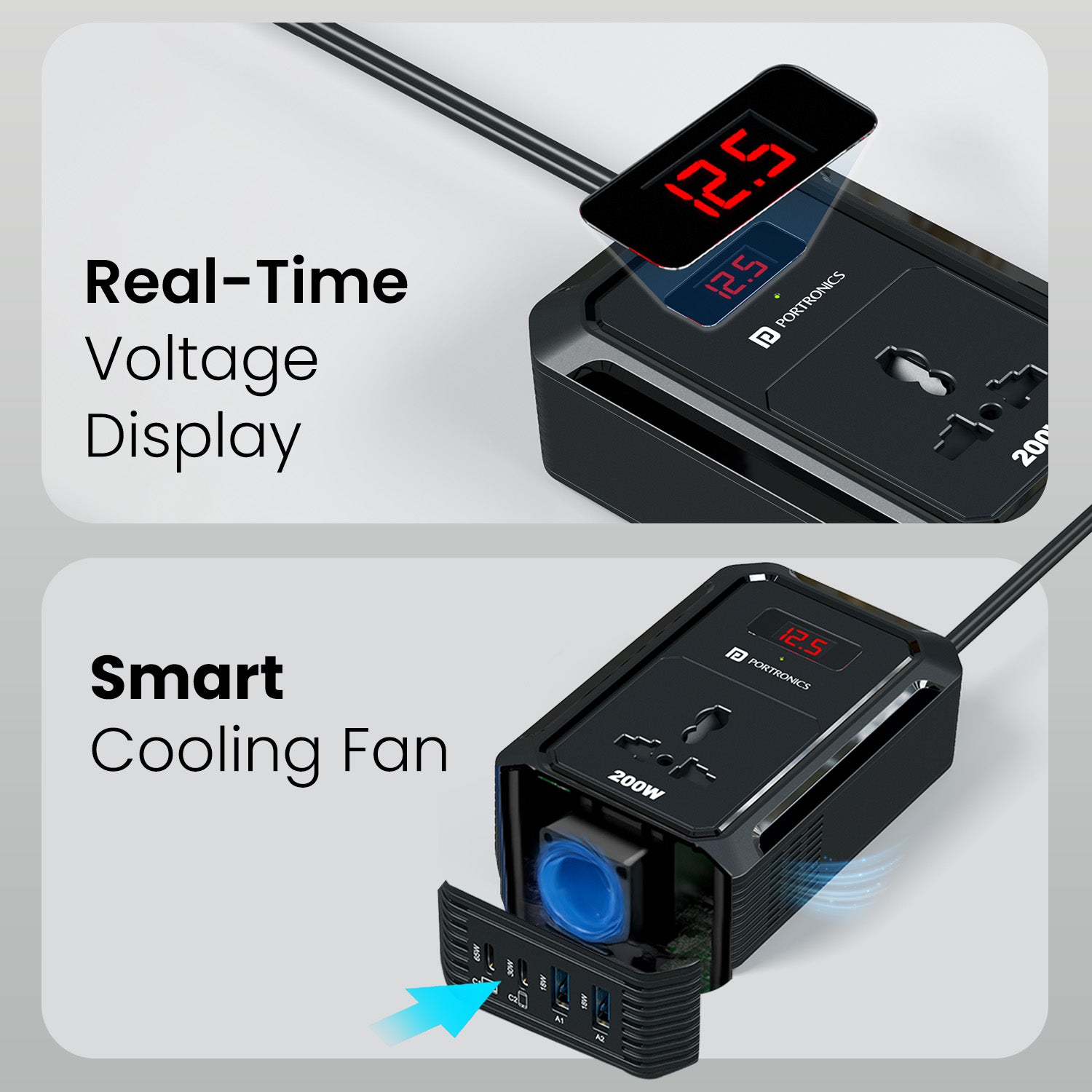 Portronics Car Power III Pro | Car charger with dual USB fast charging, Type-C PD 65W & 30W ports, real-time digital voltage display | compatible with iPhone, Android, laptops, tablets, and cameras | safe, reliable, and travel-ready