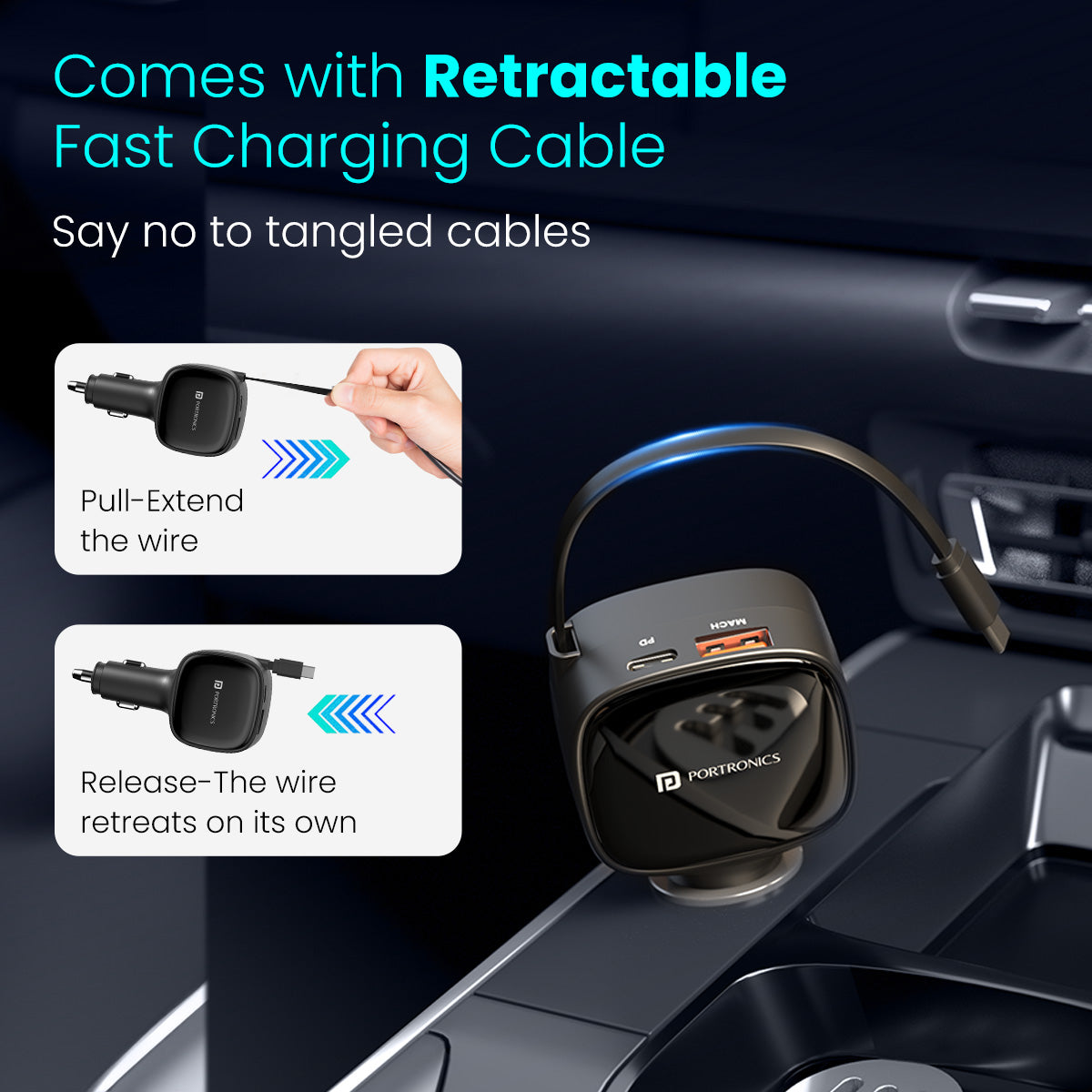 Portronics Car Power Retracto car charger come with usb hub and fast charging retractable cable| best car accessories| 84w fast car charging hub
