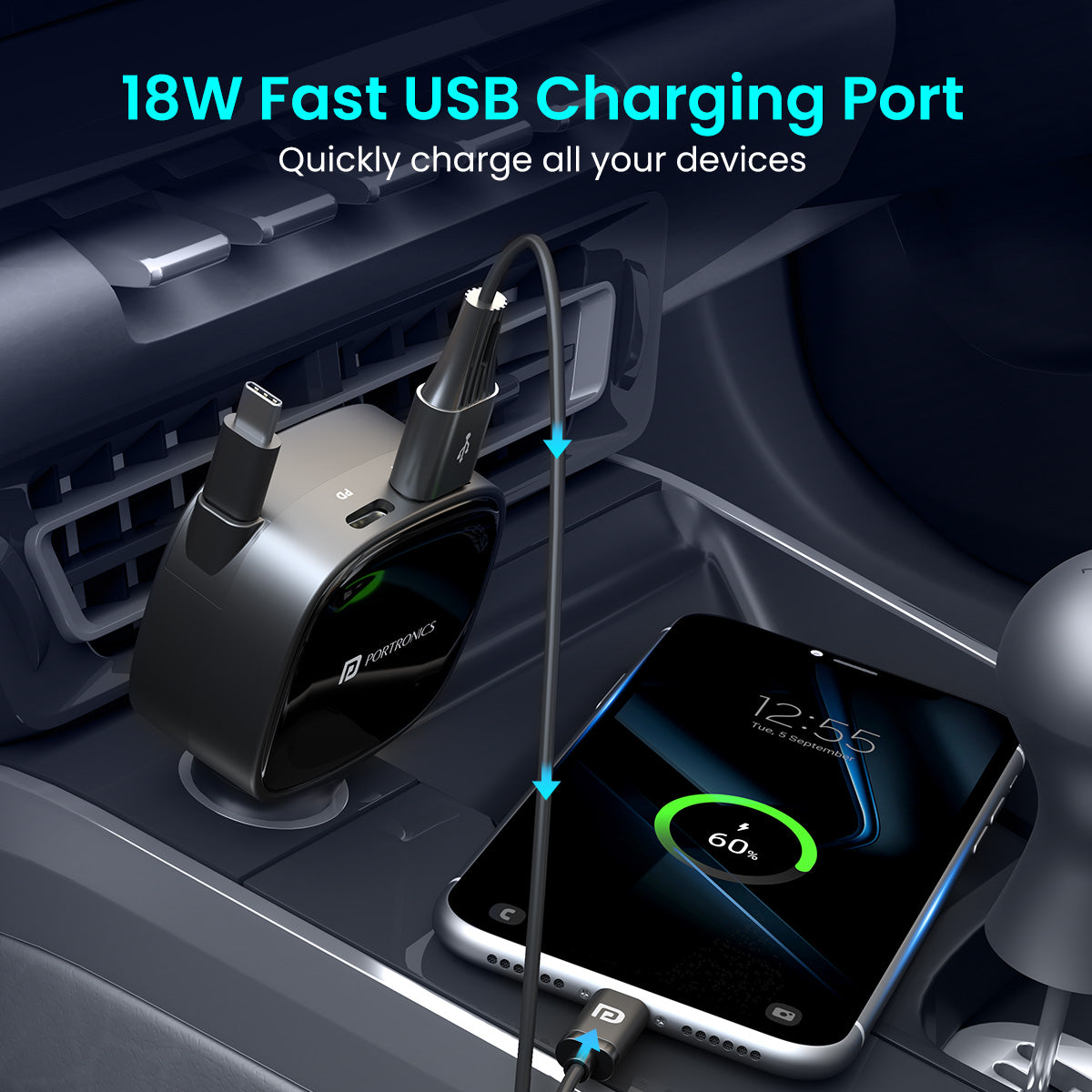 Portronics Car Power Retracto car charger with 18w fast charging usb port| best car accessories online| car charger for all your devices| portronics car accessories 