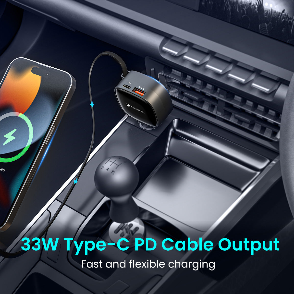 Portronics Car Power Retracto car charger with 33w type c pd charging output for fast charging| best car accessories| car charger for all your devices
