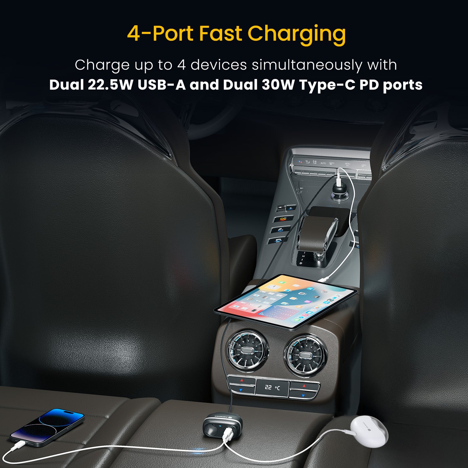 Car Power Trail multi-device car charger featuring dual 30W Type-C PD ports, dual 22.5W USB-A ports, and universal compatibility for all vehicles.