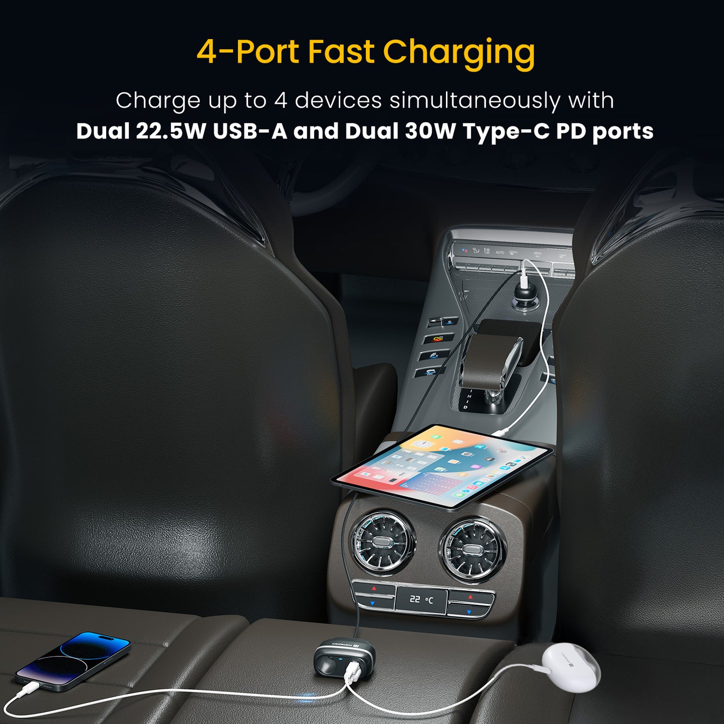 Car Power Trail multi-device car charger featuring dual 30W Type-C PD ports, dual 22.5W USB-A ports, and universal compatibility for all vehicles.