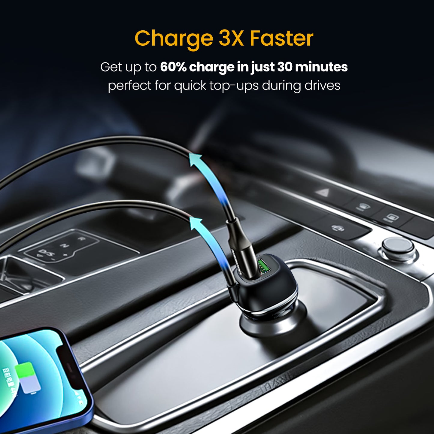 Portronics Car Power Trail charger superfast Type-C PD charging and reliable USB-A quick charge for smartphones, tablets, and accessories.
