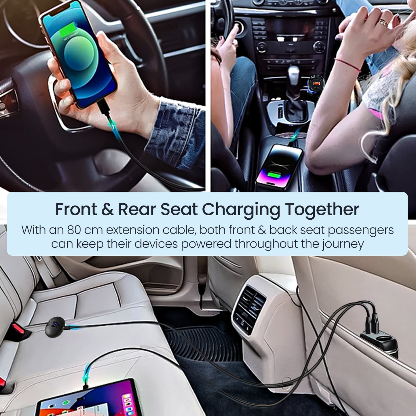 Built-in cigarette lighter socket on Portronics Car Power Trail powering additional car accessories like air purifiers, coolers, and 12V devices alongside device charging.
