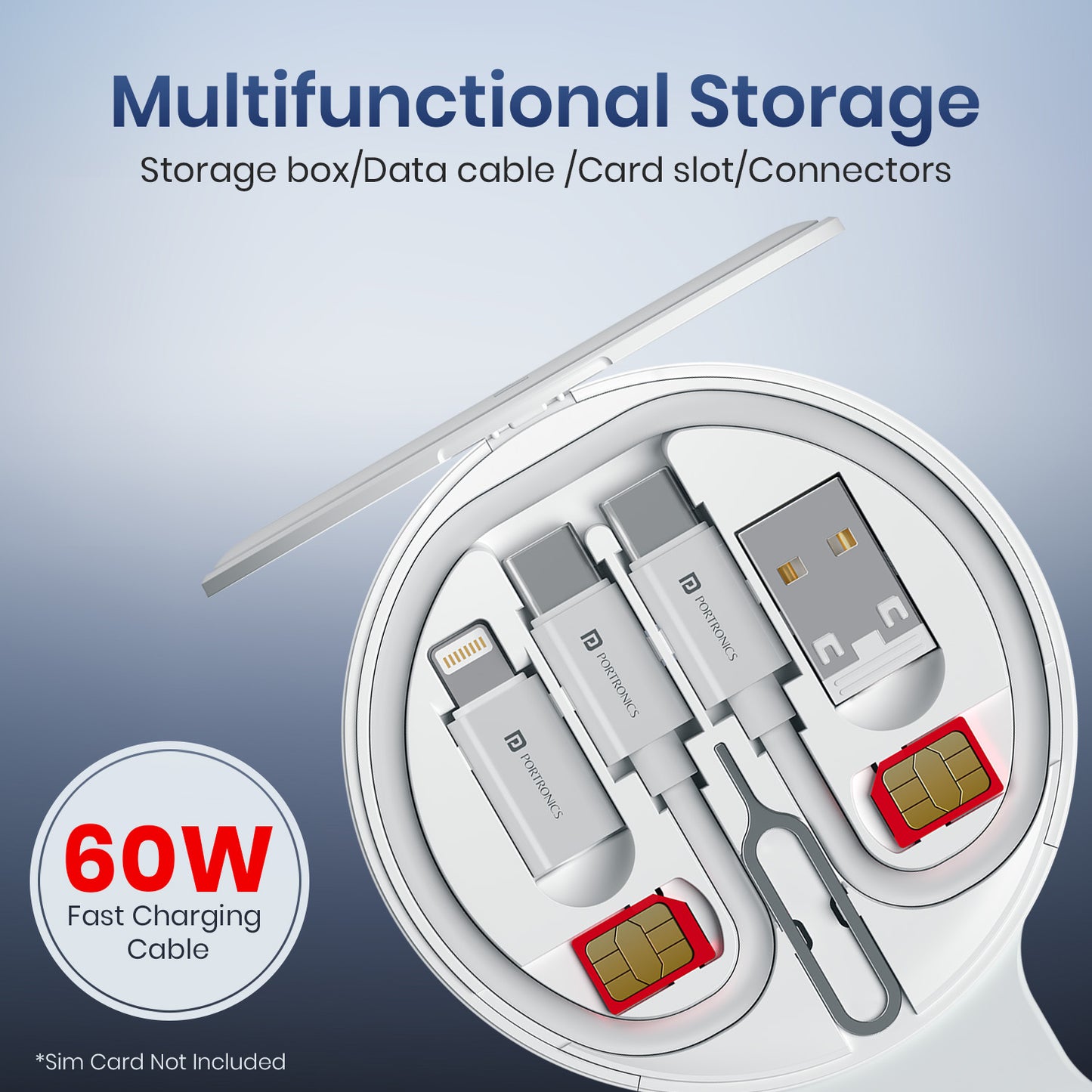Portronics ChargeMate Trio portable multipurpose cable storage kit with built-in wireless charging pad, 60W fast Type C charging cable, 8 pin cable, and USB cable to Type C connectors for universal mobile compatibility