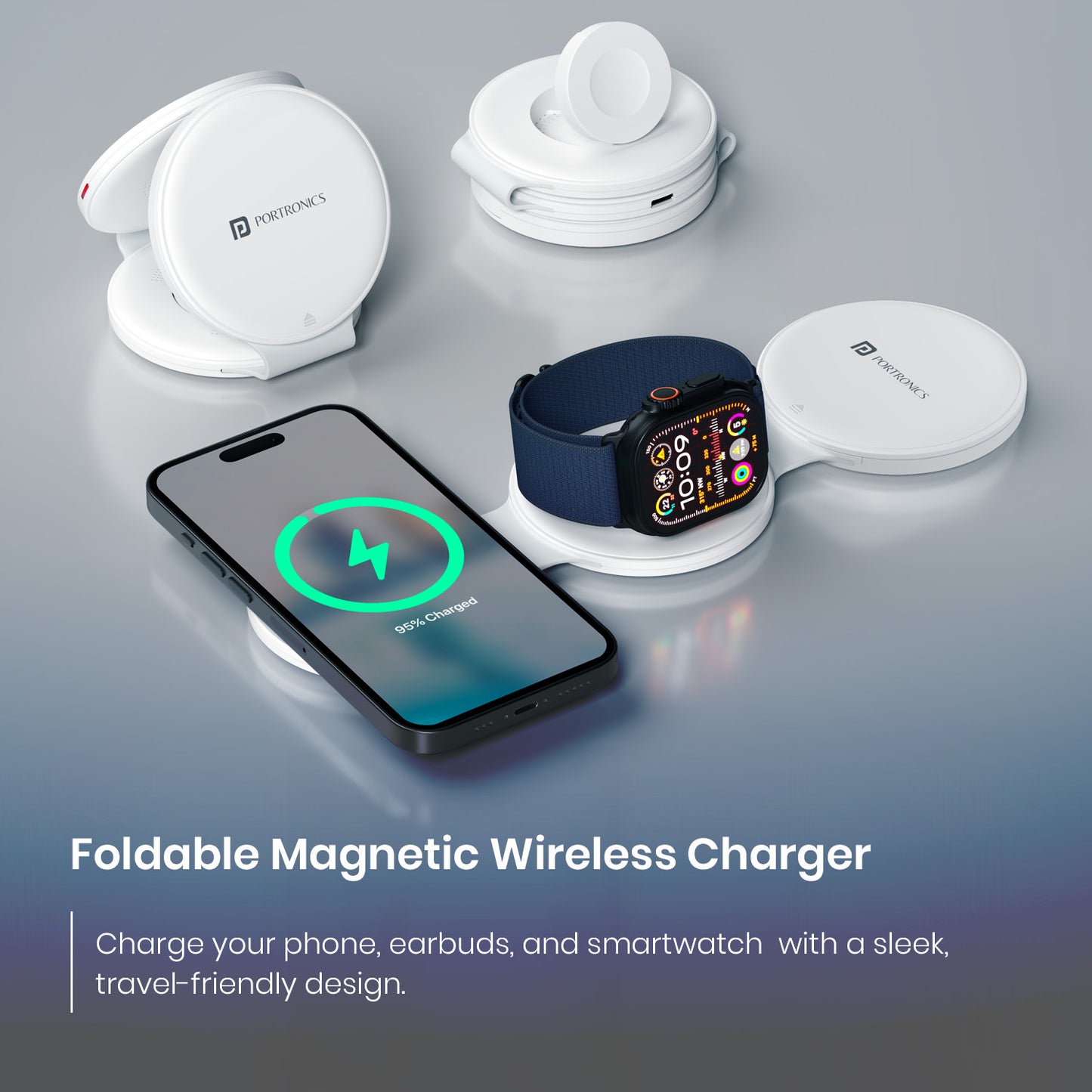 Portronics ChargeMate Trio compact storage wireless charger under 1500 with integrated 15W fast wireless charging pad, magnetic wireless charger support, and high-speed USB cable to Type C data cable kit for mobile devices| foldable magnetic wireless charger
