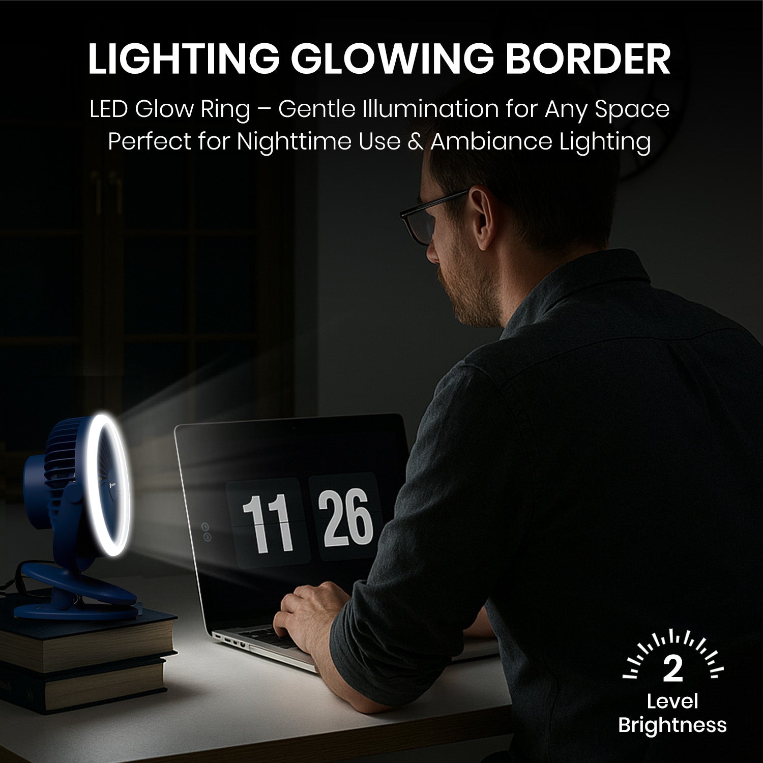 Portronics ClipCool Mini rechargeable fan with LED glow ring light and 360-degree rotatable fan head, ideal as a pocket-sized fan, Portable Rechargeable Fan, or mini table fan for desktops and workstations