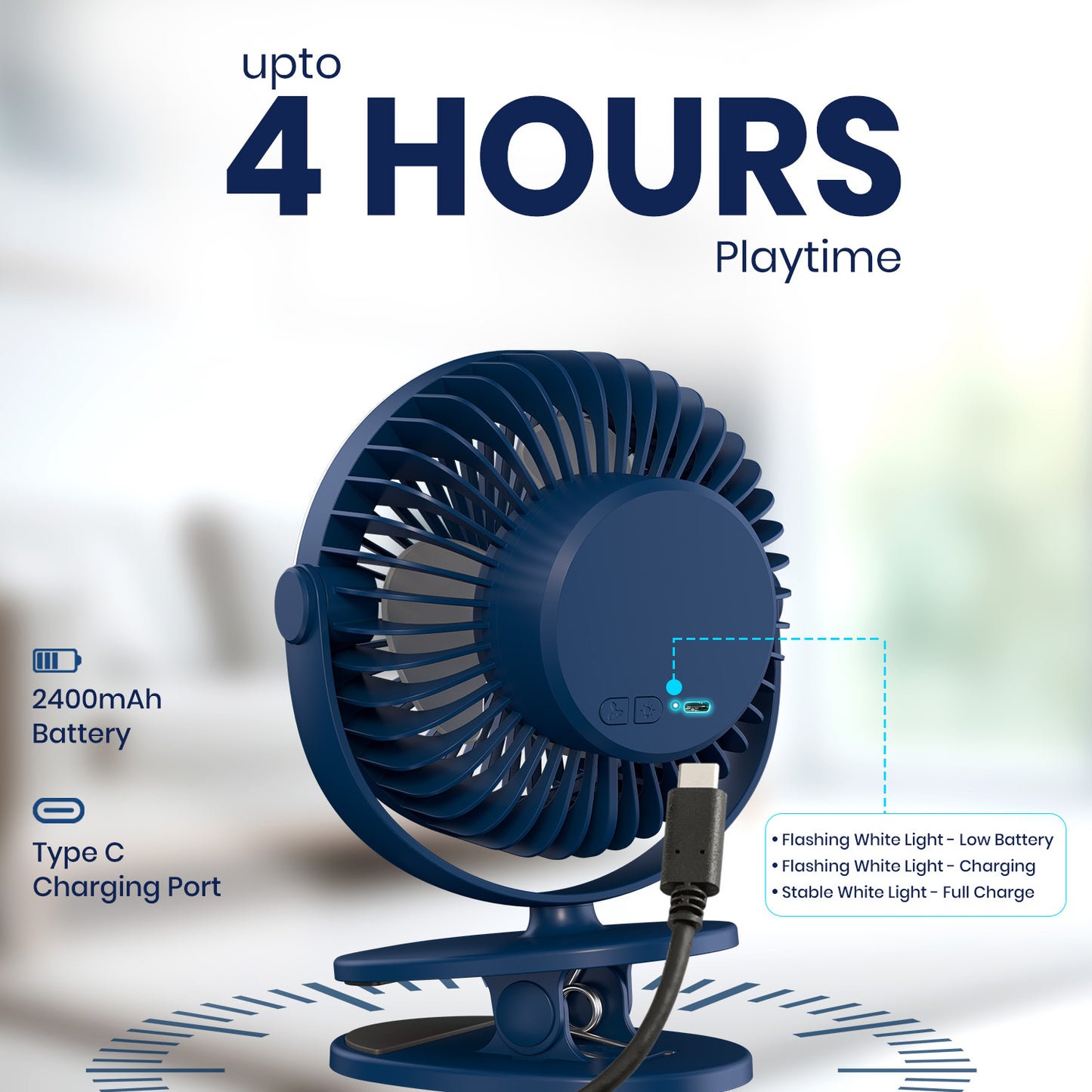 Portronics ClipCool Rechargeable table fan with 2400mAh battery runs up to 4hr in single charge | best rechargeable portable desktop fan and clip-on or table fan for daily use