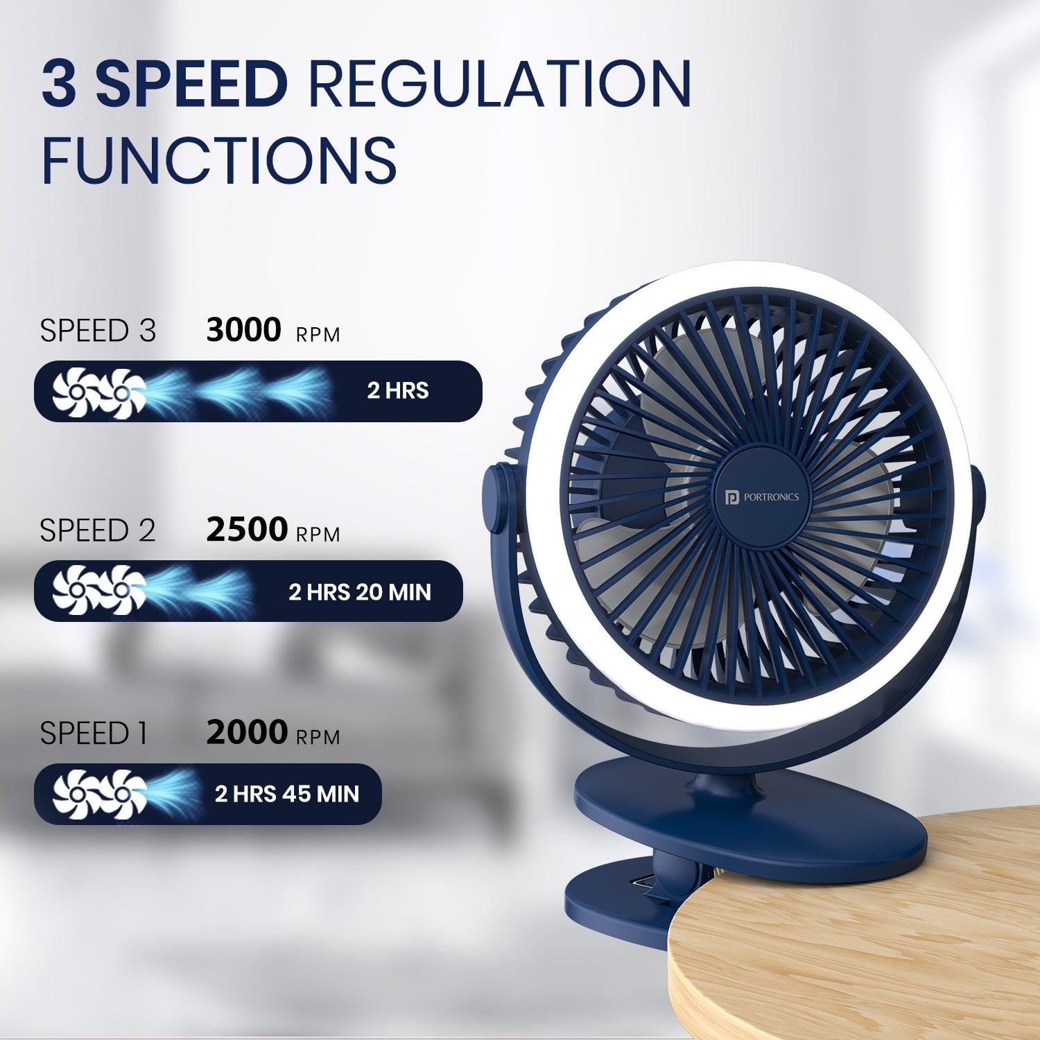 Portronics ClipCool mini fan portable design with BLDC motor, 3-speed settings, and efficient Type C charging for uninterrupted airflow | Portable Rechargeable Fan with table fan function