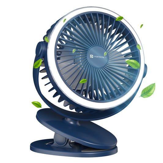 Portronics ClipCool portable fan with Type C charging cable and LED glow ring light | Portable rechargeable fan battery for home, office, or travel use | clip-on or table fan with Type C charging