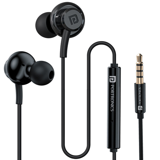 Portronics Conch Gamma wired headset with in-line mic and magnetic latch, ideal for smartphone, tablet, and laptop use with crystal-clear sound