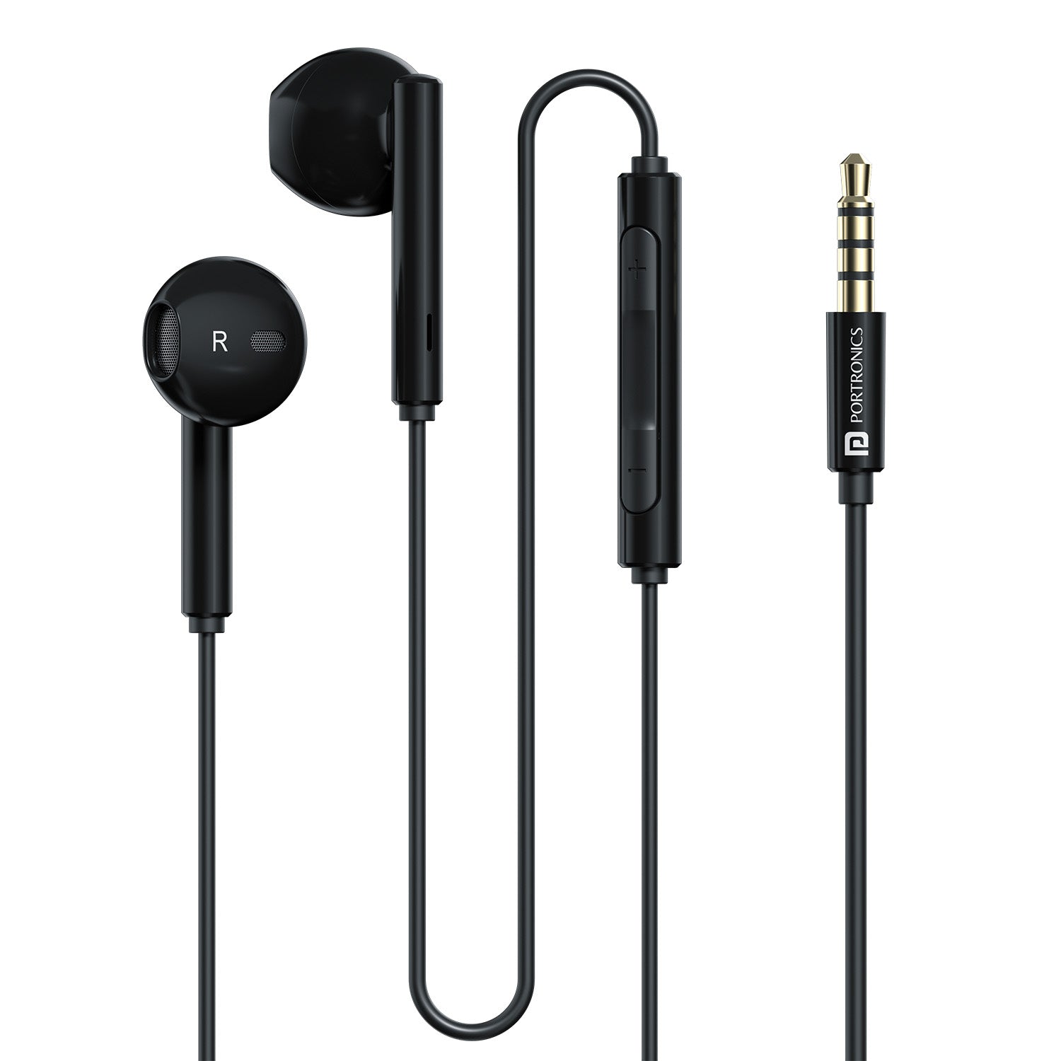 Black Portronics Conch Theta A wired earphones for mobile with sweatproof material, clear audio, and magnetic-free design for daily use
