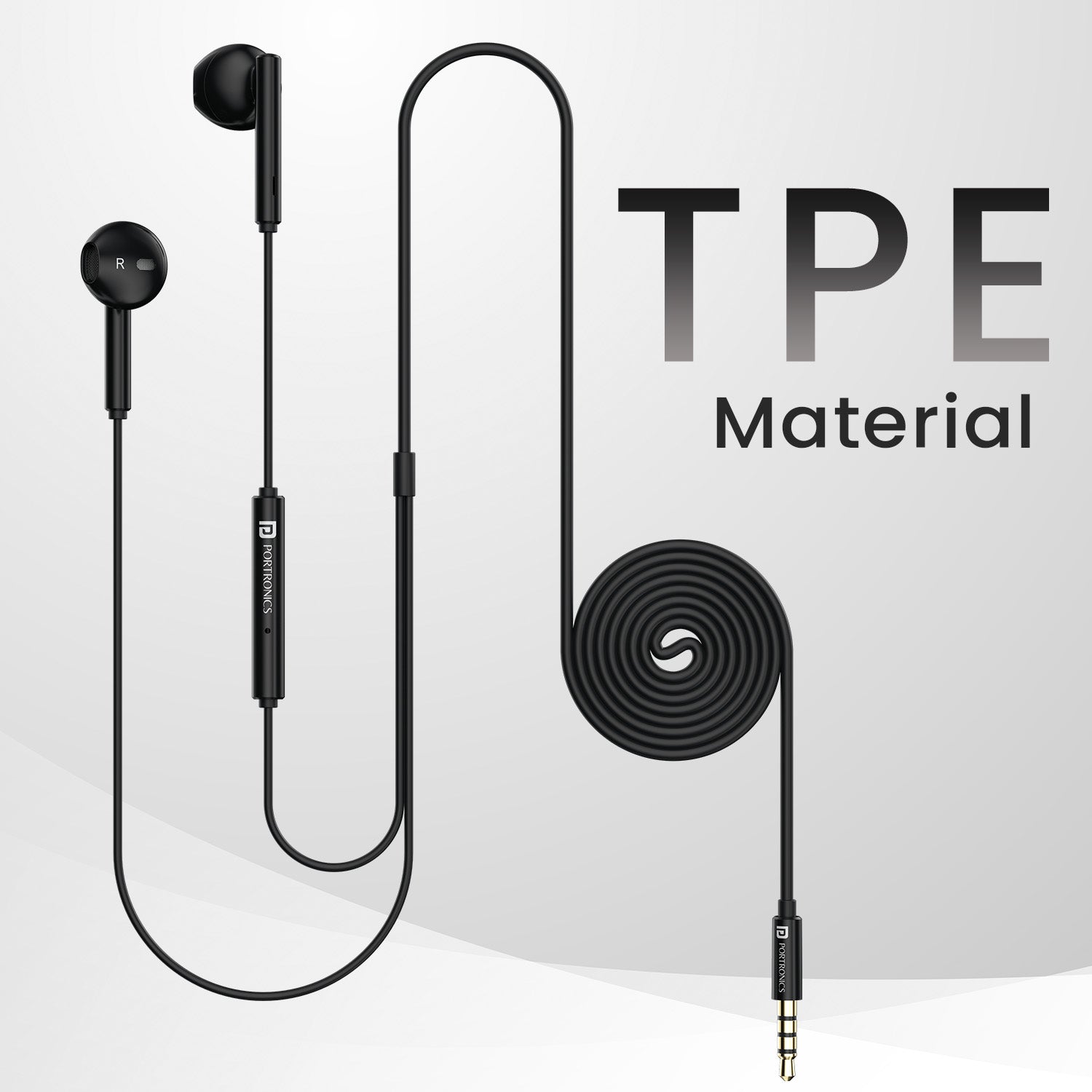 Black Portronics Conch Theta A wired earphones under 500 with anti-tangle TPE wire ideal for workouts, outdoor use, and hands-free calls