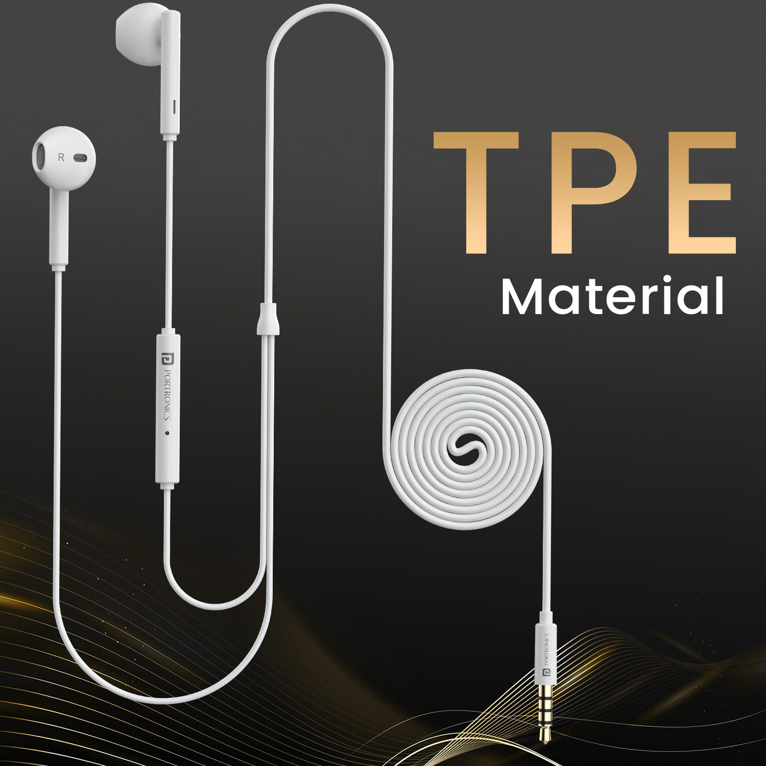 White Portronics Conch Theta A wired earphones with mic under 500, featuring unique earbud design, anti-knot cable, and wide compatibility