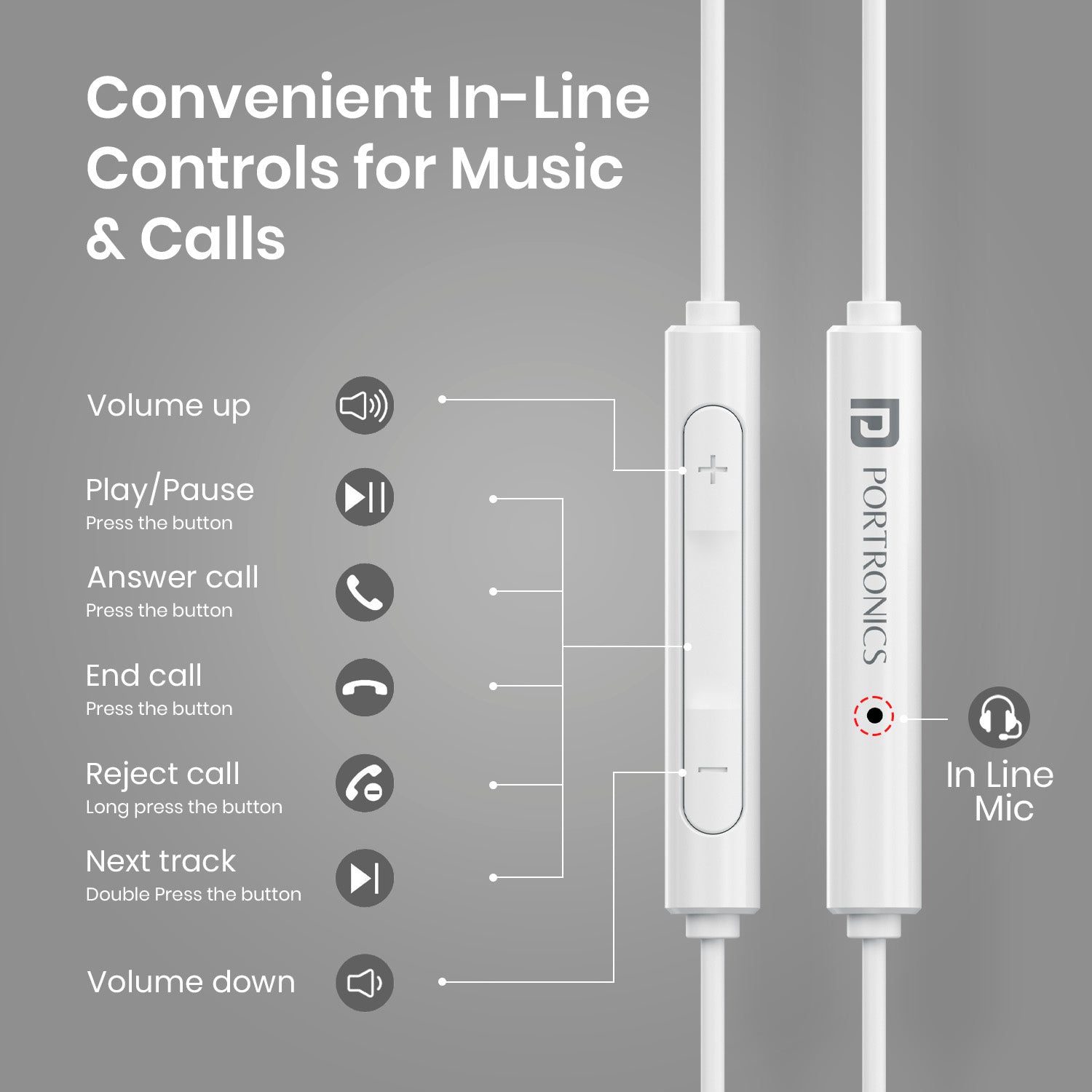 Portronics Conch Theta L with in-line for effortless control and calls| in-ear wired earphones with mic| wired earphones with 8 pin
