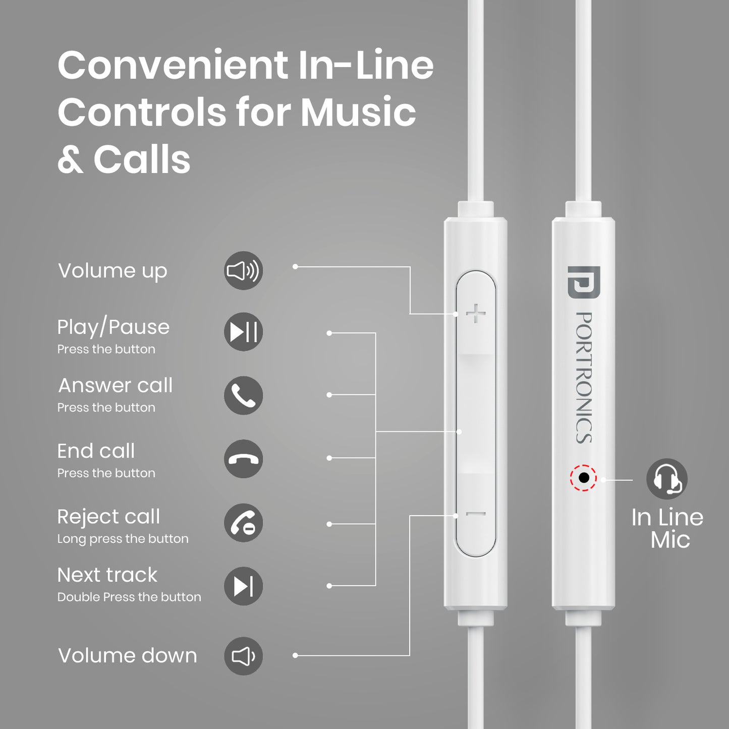 Portronics Conch Theta L with in-line for effortless control and calls| in-ear wired earphones with mic| wired earphones with 8 pin