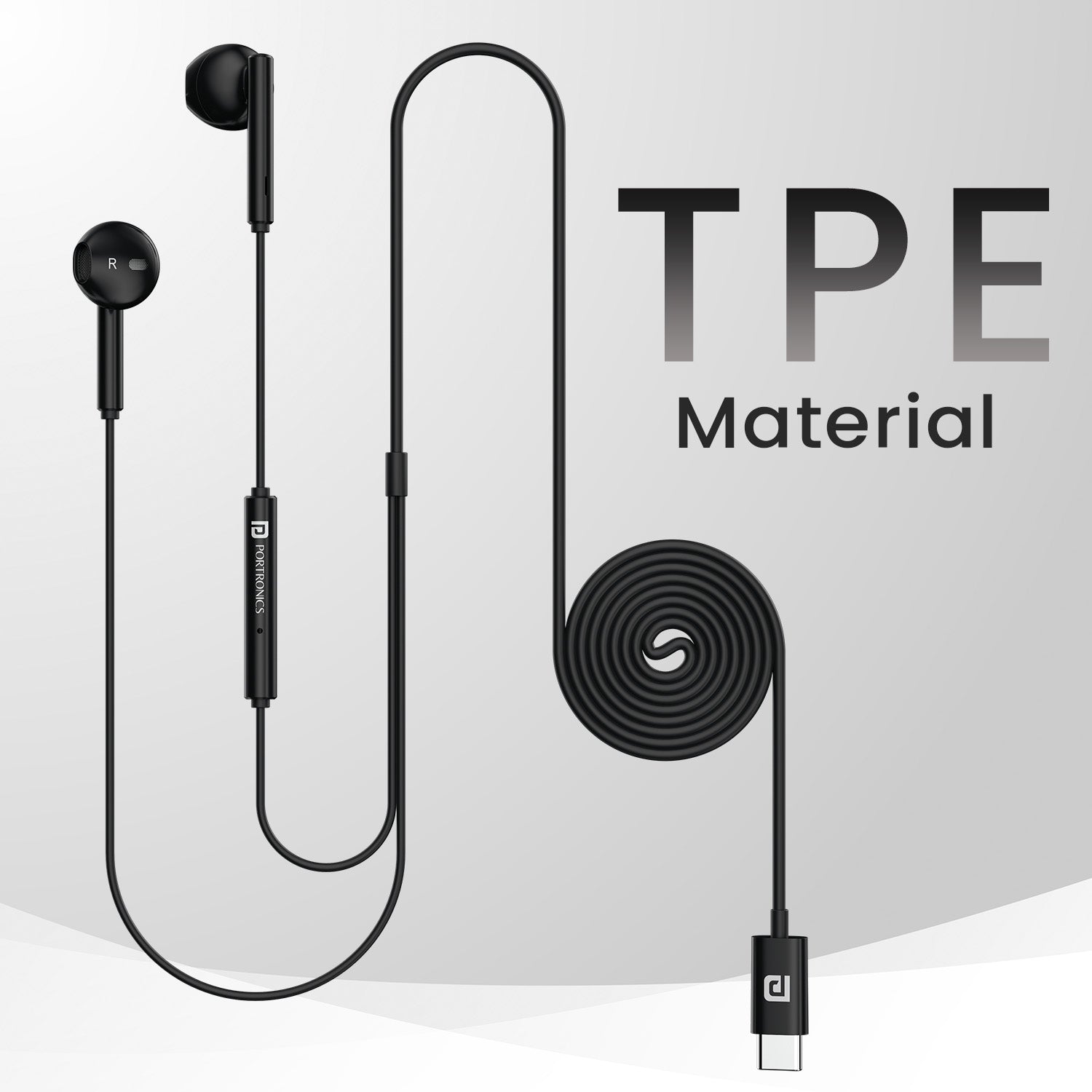 Black Portronics Conch Tune C Earphones Wired C Type – Anti-Tangle Cable
