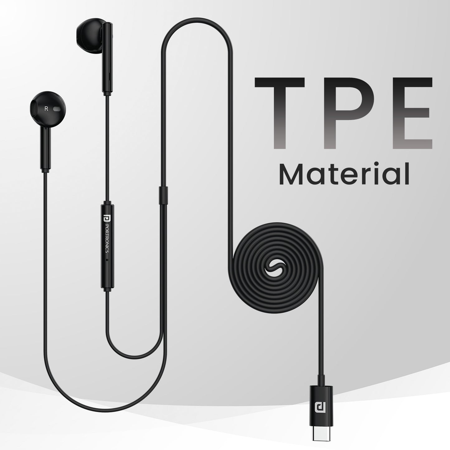 Black Portronics Conch Tune C Earphones Wired C Type – Anti-Tangle Cable