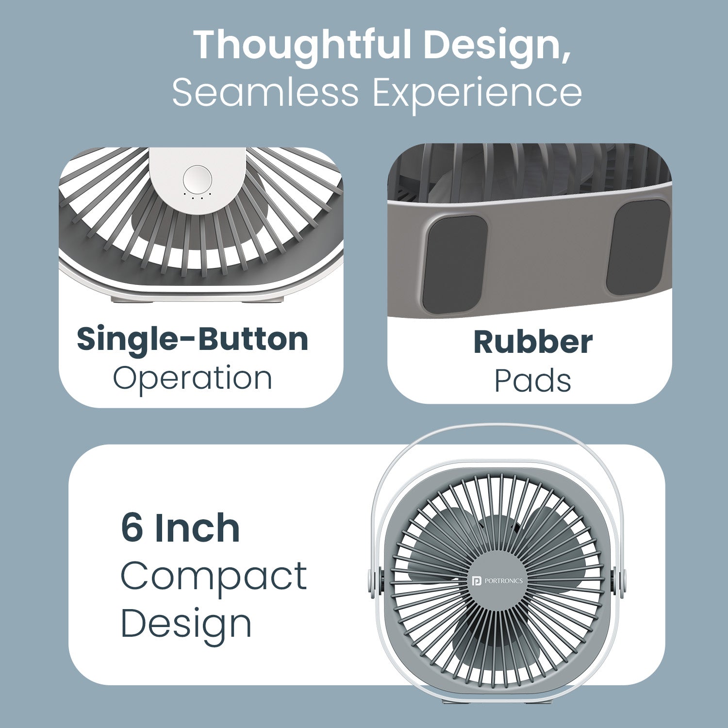 Portronics CoolCube Rechargeable table fan with 2400mAh battery, 360° rotatable design, and pocket-sized fan form factor for ultimate portability