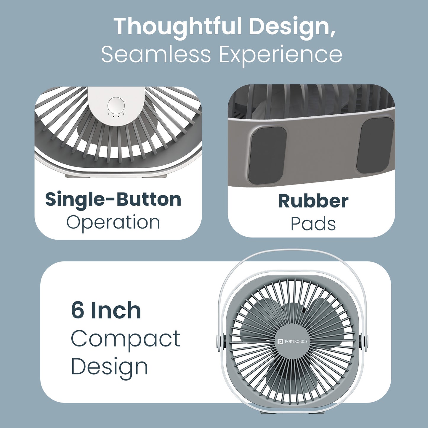 Portronics CoolCube Rechargeable table fan with 2400mAh battery, 360° rotatable design, and pocket-sized fan form factor for ultimate portability