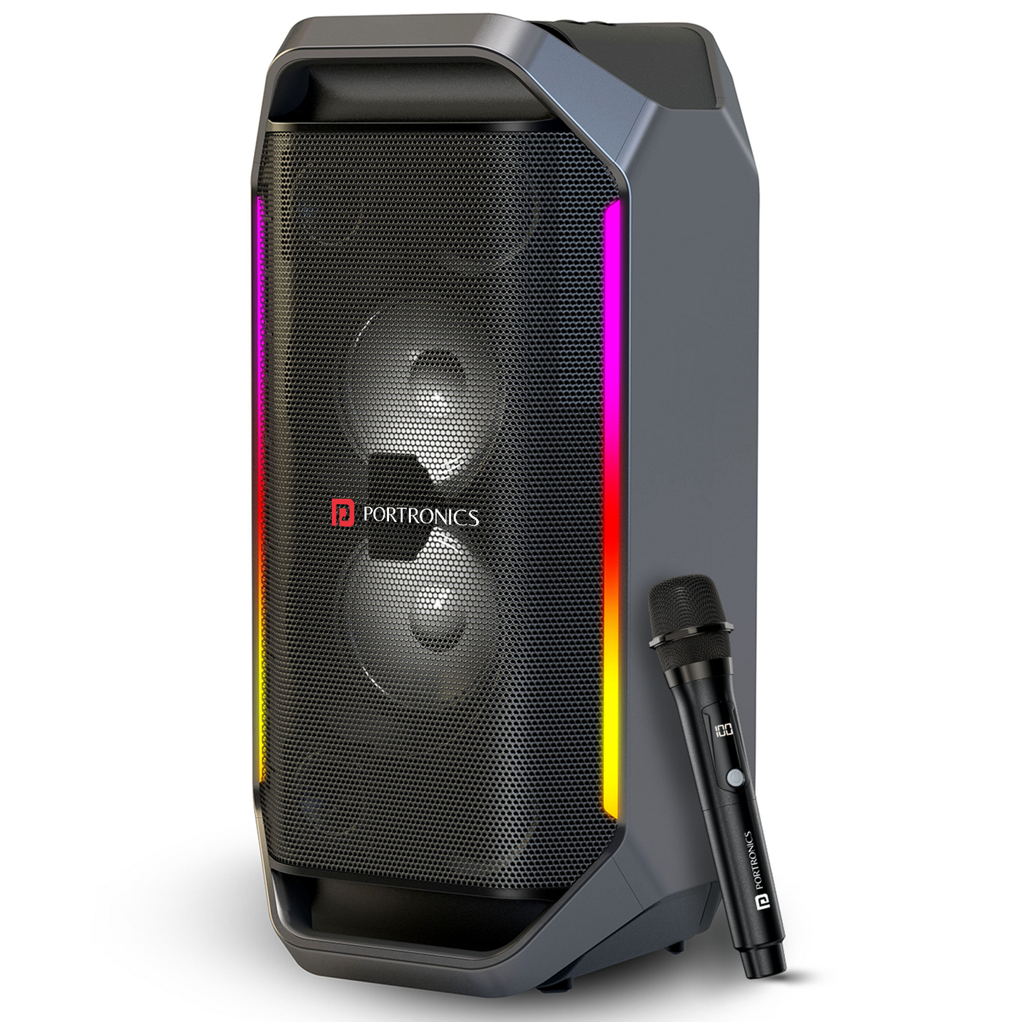 Portronics Dash 13 150W wireless party speaker with wireless karaoke mic, dual bass drivers and RGB lights – portable bluetooth party speaker for powerful sound