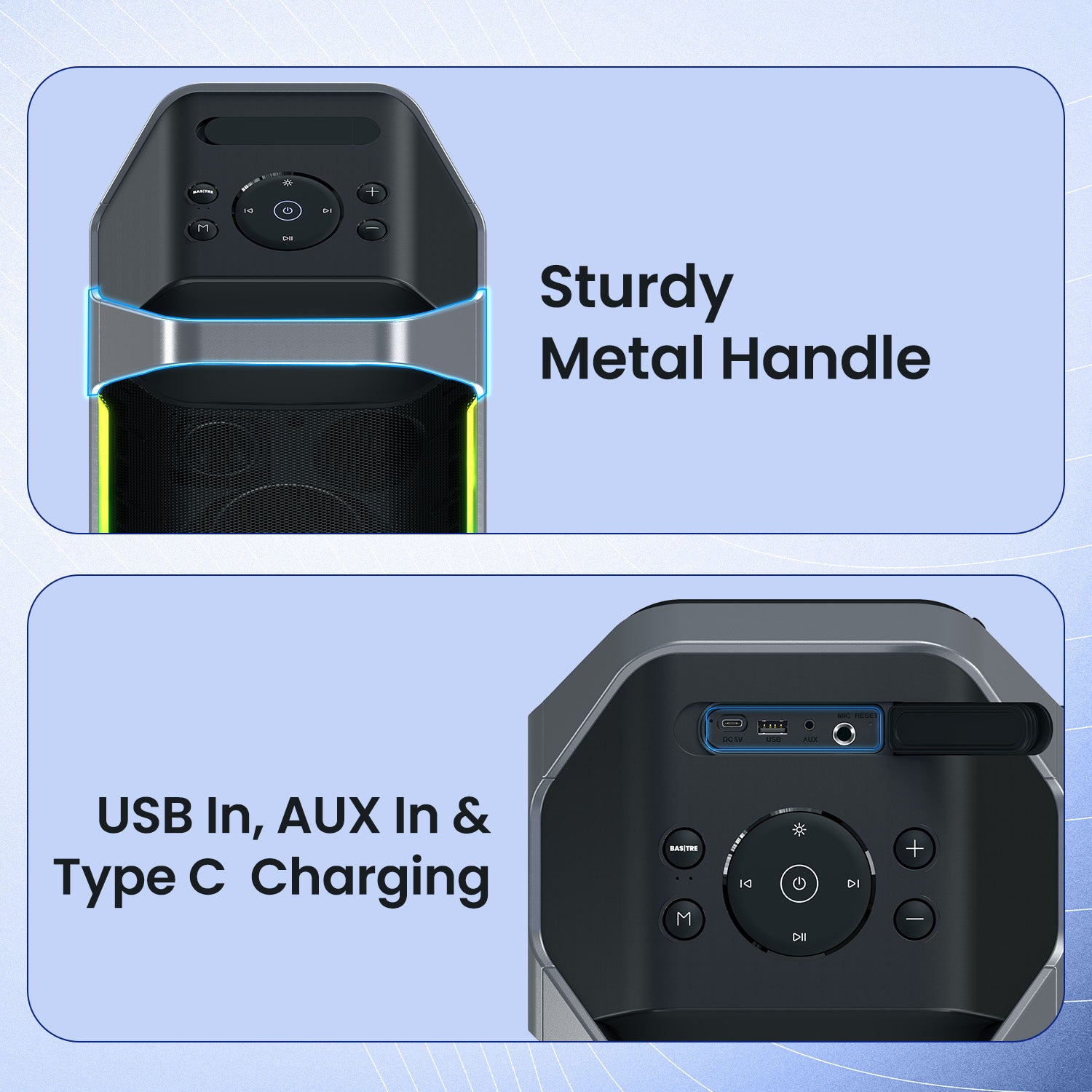 Portronics Dash 13 party speaker with sturdy metal handle, USB in, AUX in and type C charging – portable bluetooth speaker with versatile connectivity options   