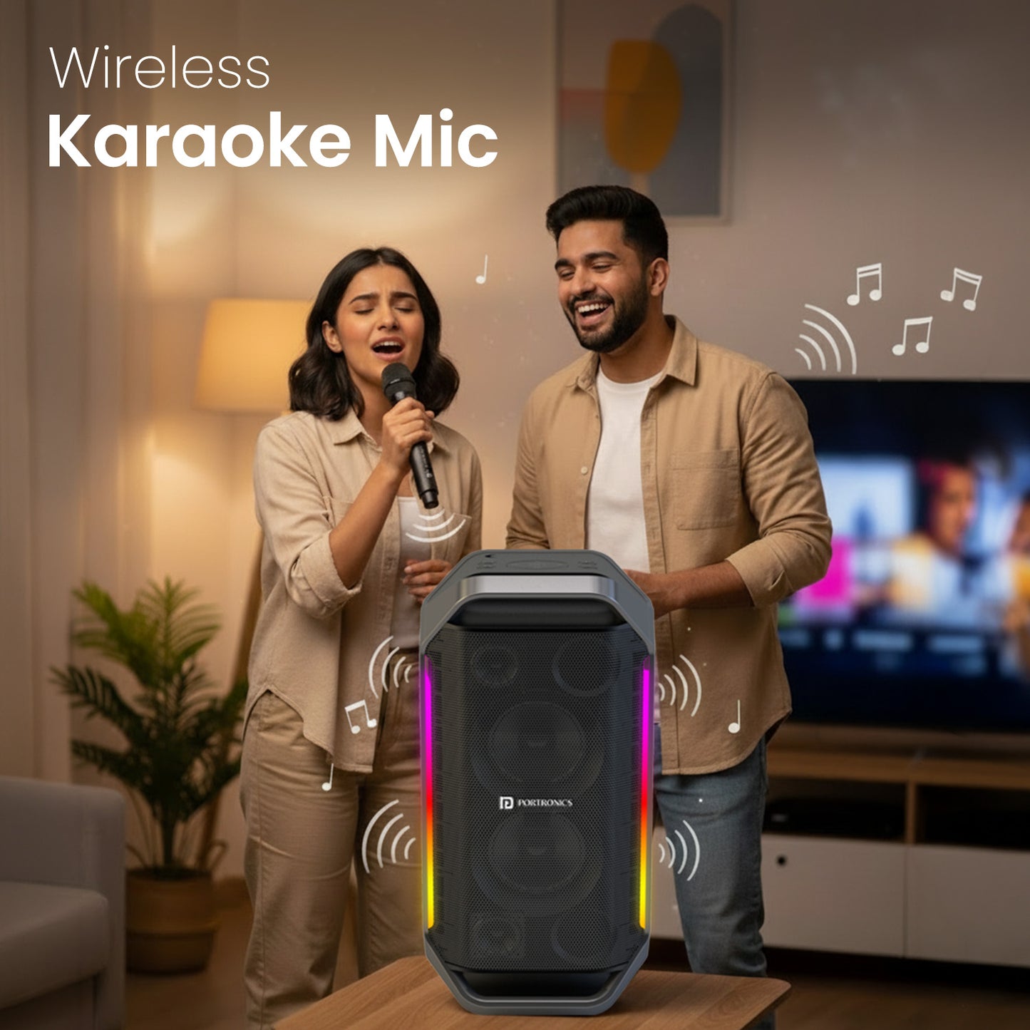 Portronics Dash 13 wireless karaoke party speaker with mic for home parties – couple singing with 150W bluetooth karaoke speaker and RGB lighting             