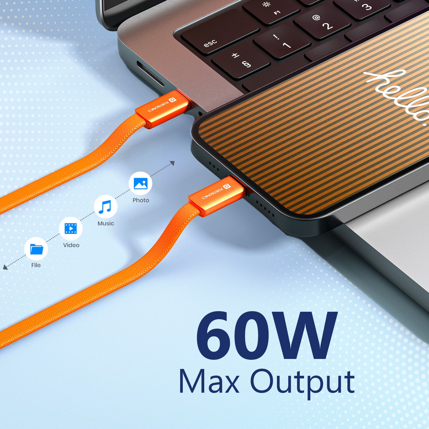 Orange Portronics Flatro 60W Max Output Fast Charging Type C Cable for Smartphones Tablets and Laptops Power Delivery