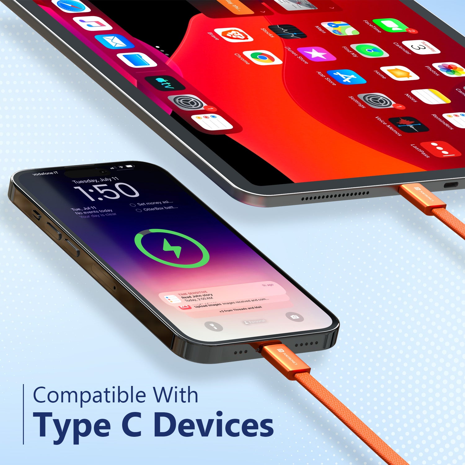 Orange Portronics Flatro C Type Cable Compatible with Android Smartphones Tablets Power Banks Laptops USB-C Devices  