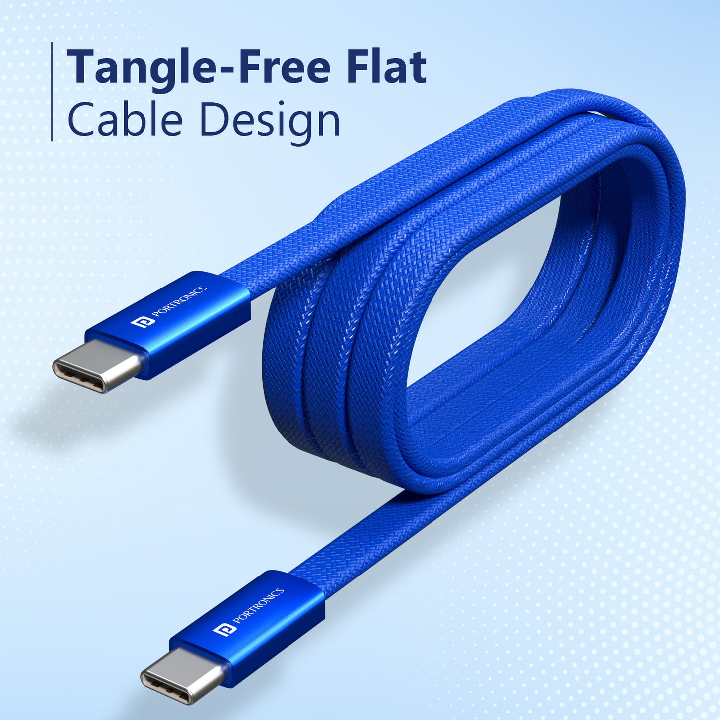 Blue Portronics Flatro Tangle Free Flat Nylon Braided Type C Cable Built for Everyday Bending Pulling and Durability