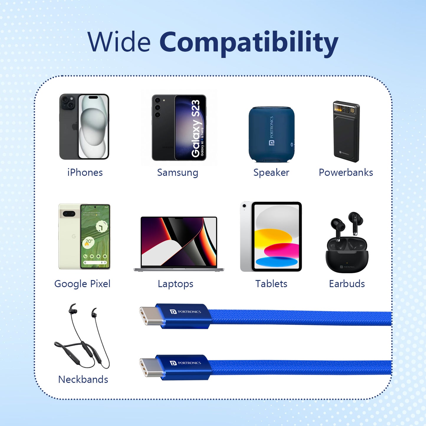 Blue Portronics Flatro Type C Cable 60W Output 1M Wide Compatibility Data Sync Fast Charging 6 Months Warranty