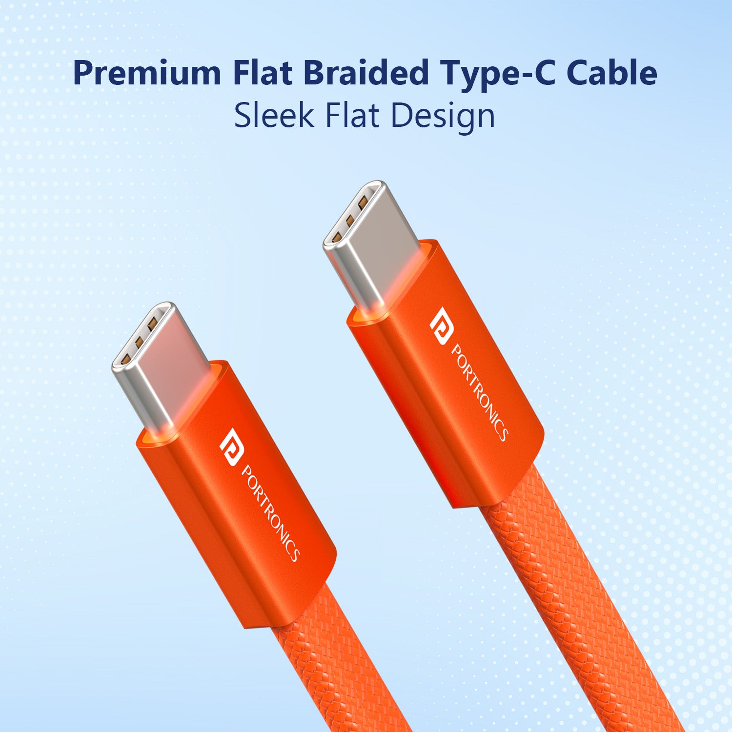 Orange Portronics Flatro Flat Braided Type C to Type C Charging Cable Tangle Free Durable Design for Everyday Use