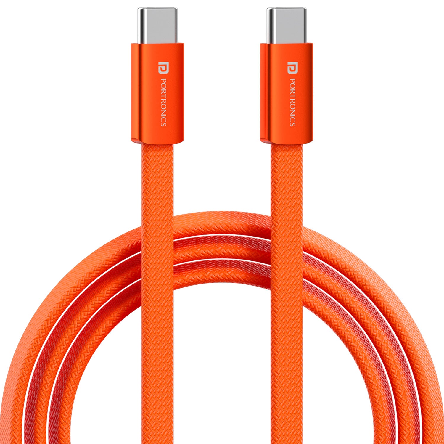 Orange Portronics Flatro Type C to Type C Cable 60W Fast Charging Nylon Braided Flat Design 1 Meter for Android Smartphones