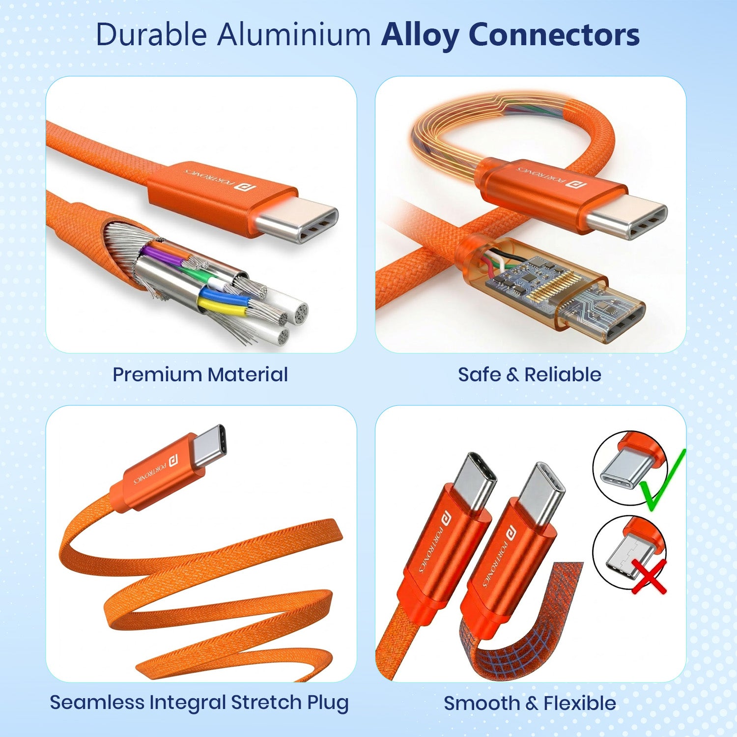 Orange Portronics Flatro Type C to Type C Cable with Strong Aluminium Alloy Connectors Better Heat Resistance Stable Connection