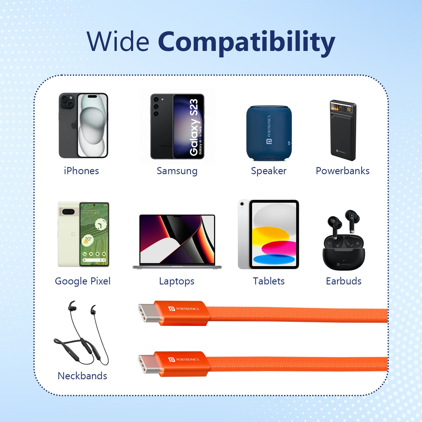 Orange Portronics Flatro Type C to Type C Data Cable 60W High Speed Charging and Data Sync Universal USB-C Compatibility  