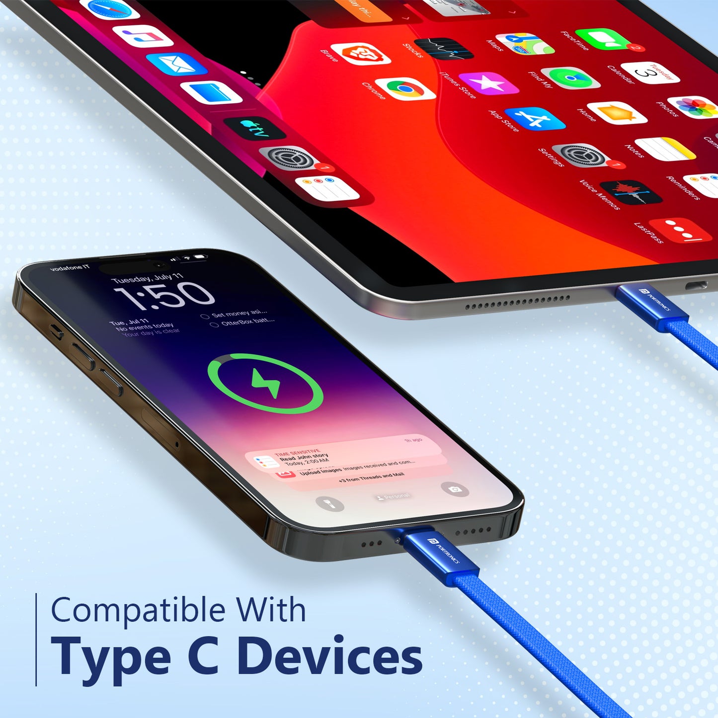 Blue Portronics Flatro Type C to Type C Fast Charging Data Cable Compatible with Android USB-C Phones Power Banks 