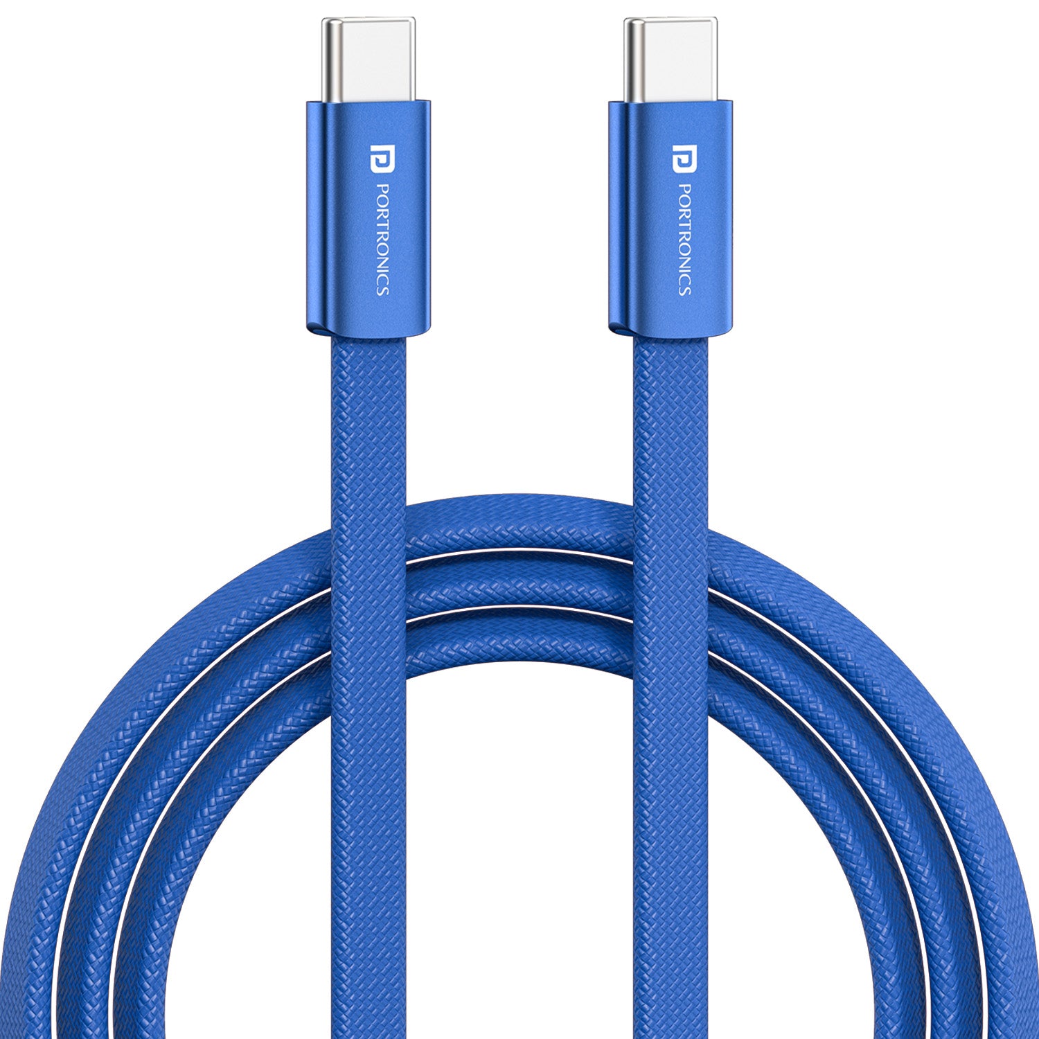 Blue Portronics Flatro USB Type C to Type C 60W Fast Charging Cable 1M Flat Nylon Braided for Android and Laptops
