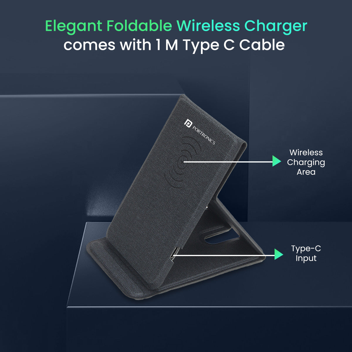 Black Portronics Freedom Fold Foldable fast wireless phone charger with type c cable|  Ideal for travel with 78g lightweight build and fold-flat compact design | desktop wireless charger for flexible placement