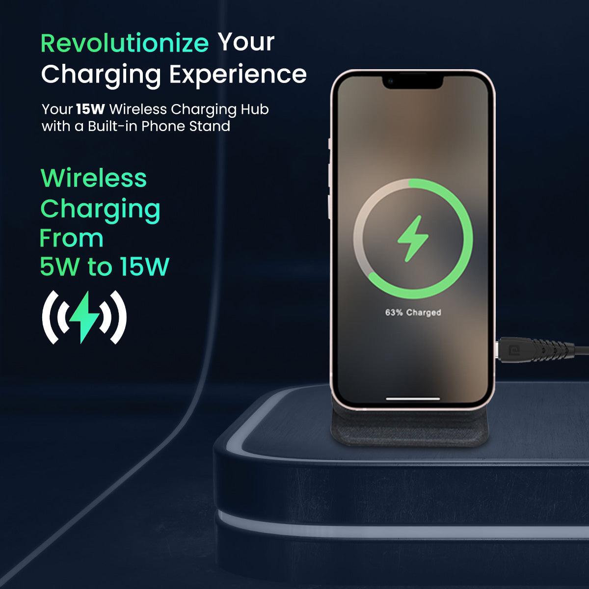 Black Portronics Freedom Fold Portronics Wireless Charger | Suitable for fast charging with 15W / 10W / 7.5W output and USB Type-C cable | 15 watt wireless charger built for efficiency
