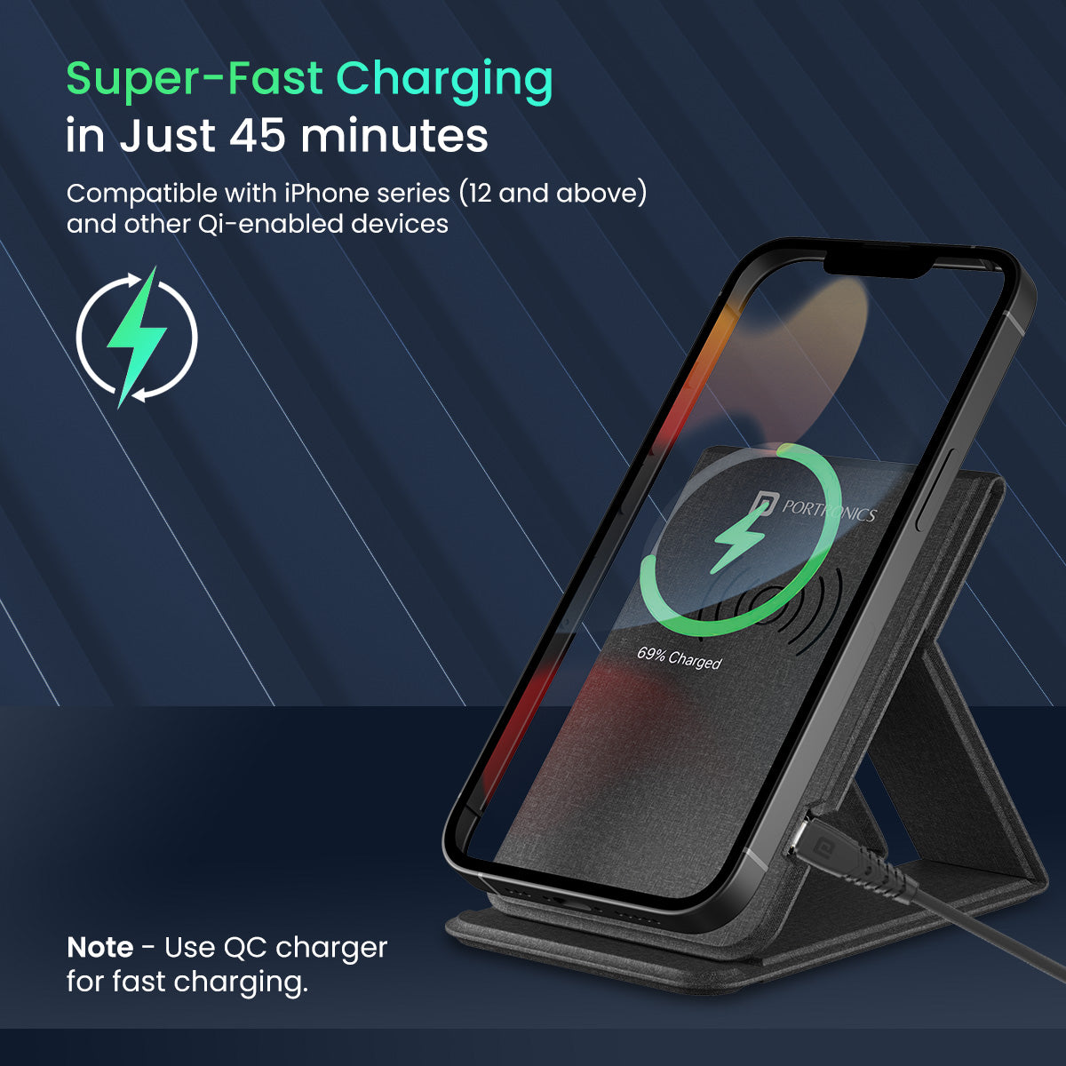 Black Portronics Freedom Fold Wireless Charging Pad | Perfect for iPhone 15 charging with 15W fast wireless charging and Type-C input | wireless charger for iphone 15 ensuring reliable power