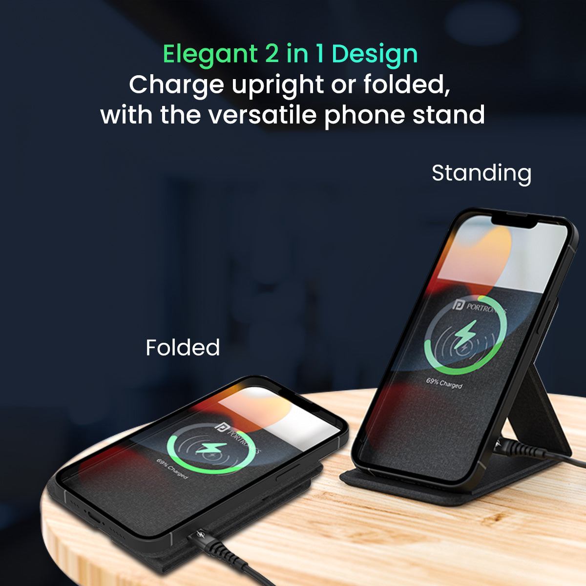 Black Portronics Freedom Fold Wireless Mobile Charging Pad | Best for iPhones with premium PU leather finish and stable Qi wireless charging | apple wireless charger offering stylish convenience
