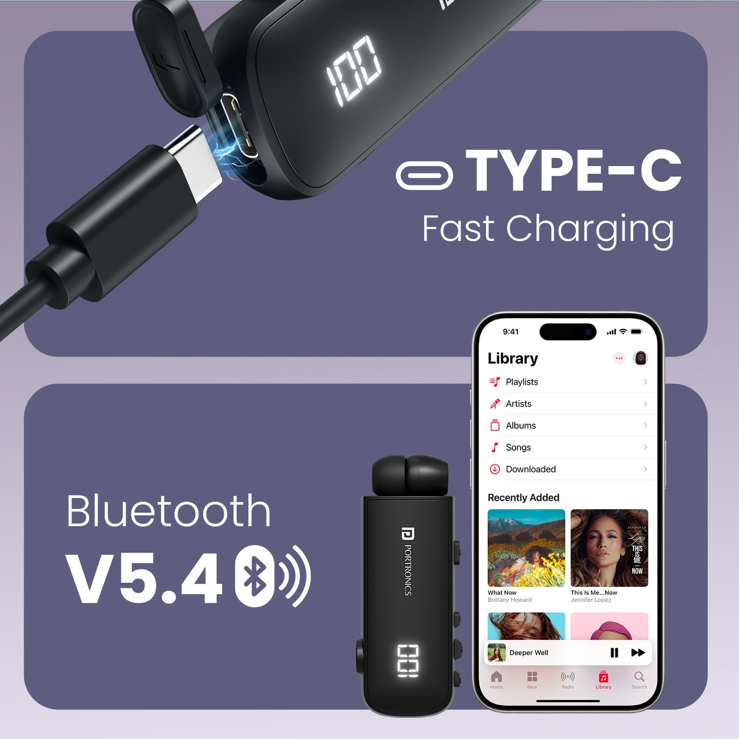 Portronics Harmonics Klip 7 Bluetooth neckband| Retractable Earphone with Type-C Fast Charging, HD Mic & Noise Cancellation | Wireless Bluetooth Headsets for Music & Calls