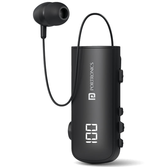 Portronics Harmonics Klip 7 Wireless Bluetooth Headsets | Retractable Earphone with Clip Design, ENC Calling Earphone, HD Mic & Digital Battery Display | Bluetooth Headset for Clear Calls