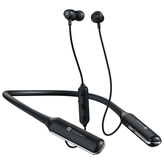 Portronics Harmonics Y4 wireless neckband earphones with 100H playtime, true wireless stereo sound, Bluetooth 5.4, in-ear earphones with mic, deep bass & Type-C fast charging for sports & fitness.