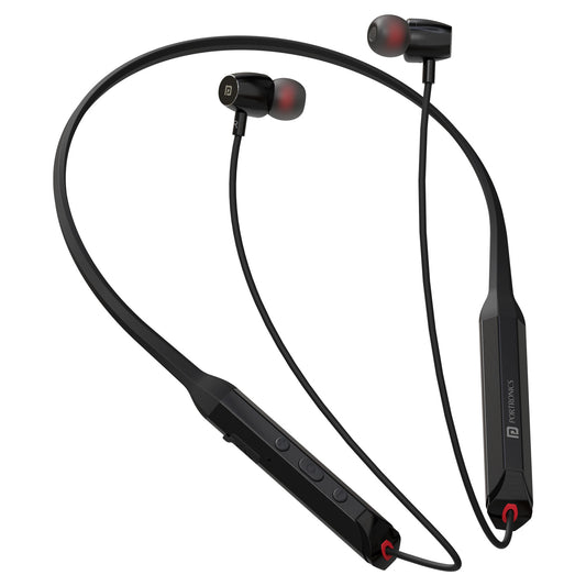 Black Portronics Harmonics Z12 wireless neckband earphones with premium metallic design and magnetic latch feature for tangle-free storage.