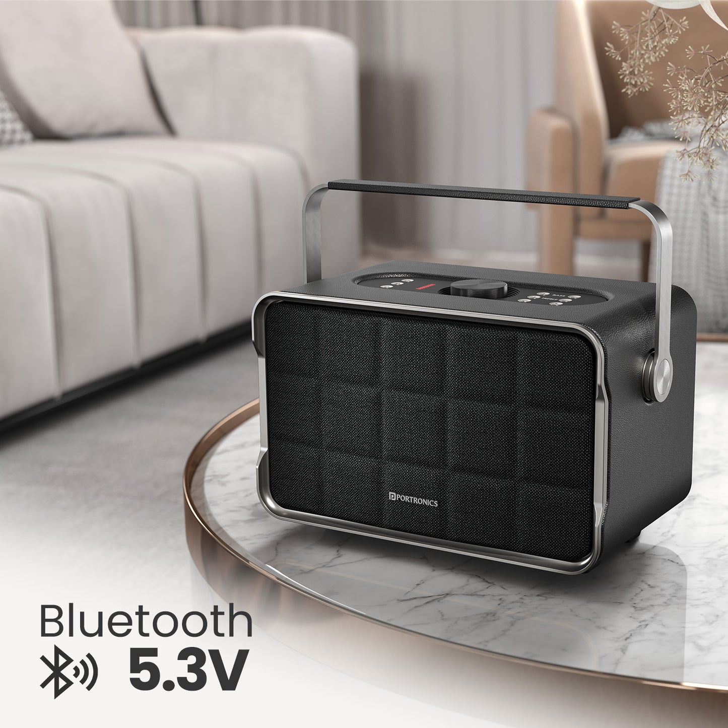 Grey Portronics Harmony | Bluetooth 5.3 Portable Speaker with Bass/Treble Adjustment & LED Beat Indicators | Wireless Party Speaker, Portable Bluetooth Speaker