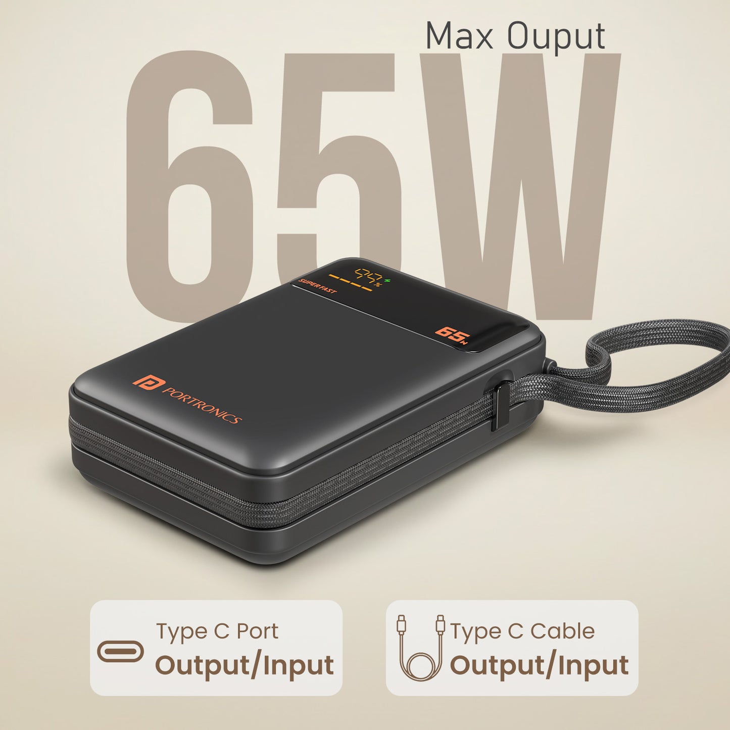 Portronics Ignis 65 Fast Charging Power Bank | 65W super fast charging power bank for heavy users | best powerbank for mobile iphone ipad and macbook charging