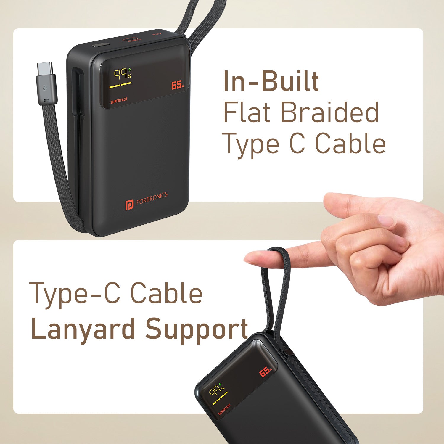 Portronics Ignis 65 Fast Charging Power Bank with in built cable | 65W super fast charging power bank for heavy users | best powerbank for mobile iphone ipad and macbook charging
